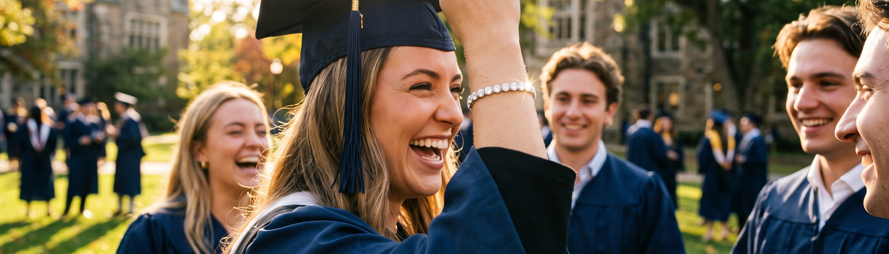 Graduate wearing a lab-grown diamond tennis bracelet outdoors