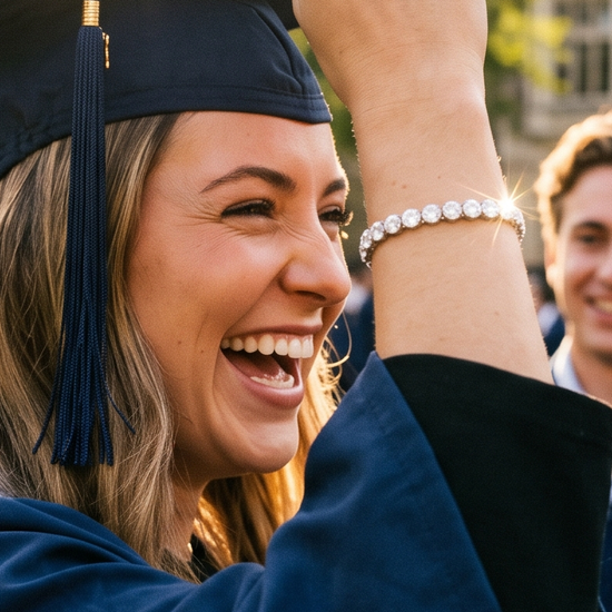Graduate wearing a lab-grown diamond tennis bracelet outdoors