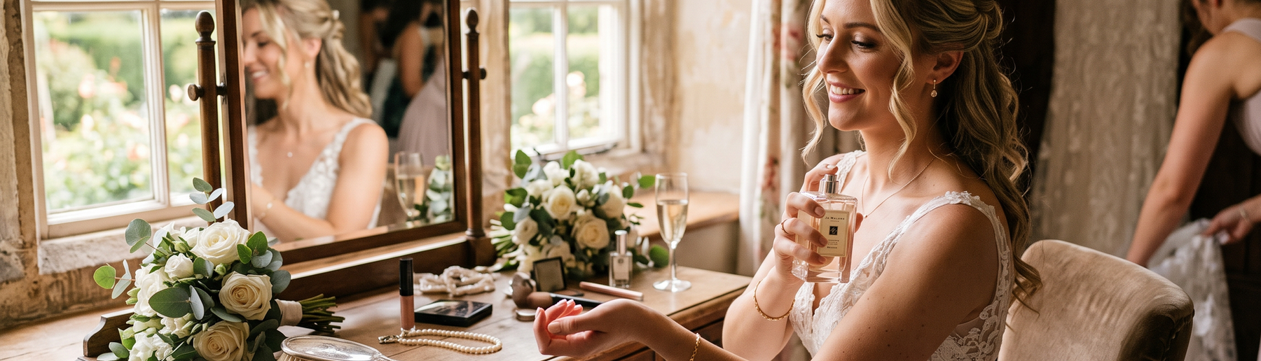Bride spraying luxury perfume on her wedding morning