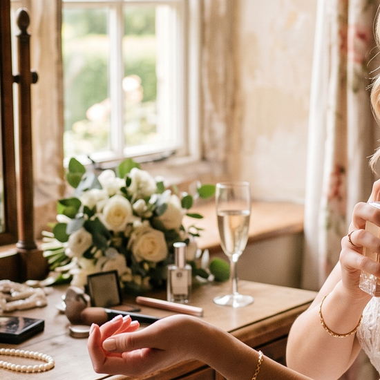 Bride spraying luxury perfume on her wedding morning
