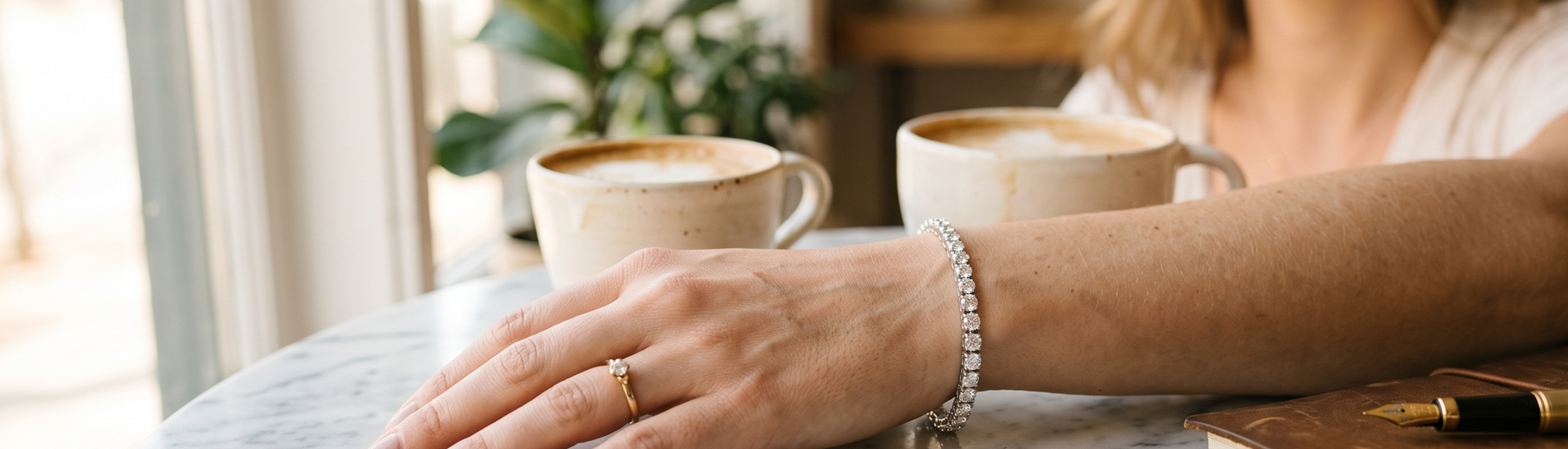 Woman's wrist wearing a sparkling lab-grown diamond tennis bracelet in natural light