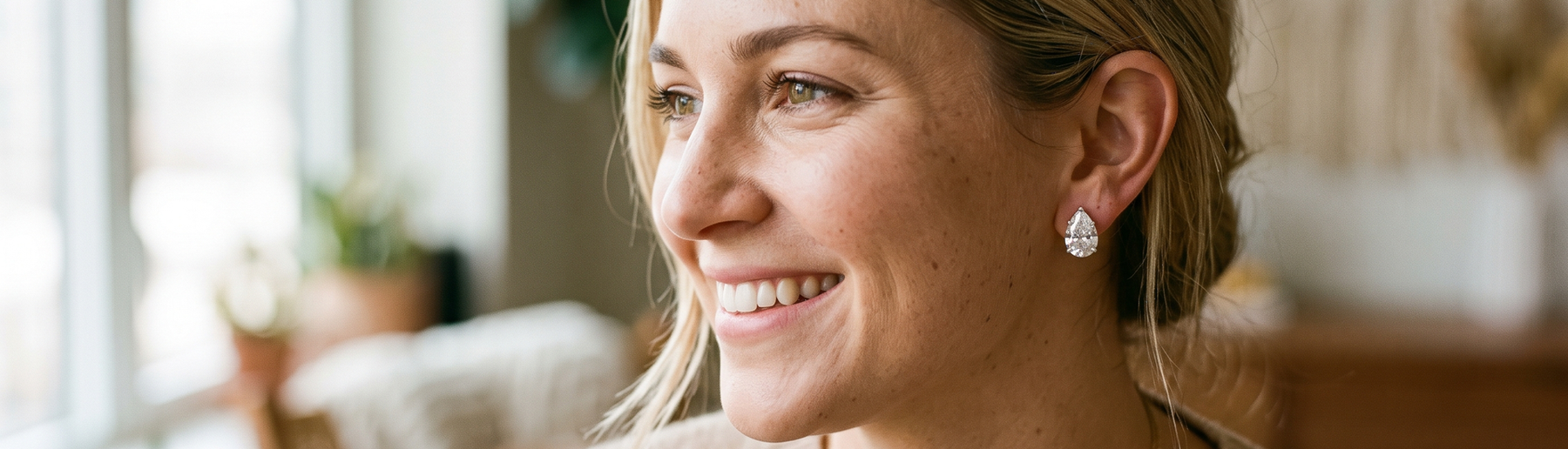 Woman wearing sparkling pear-shaped lab-grown diamond stud earrings in natural light
