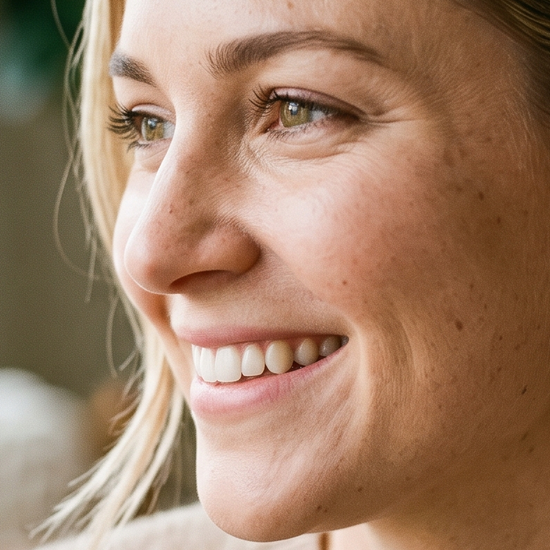 Woman wearing sparkling pear-shaped lab-grown diamond stud earrings in natural light