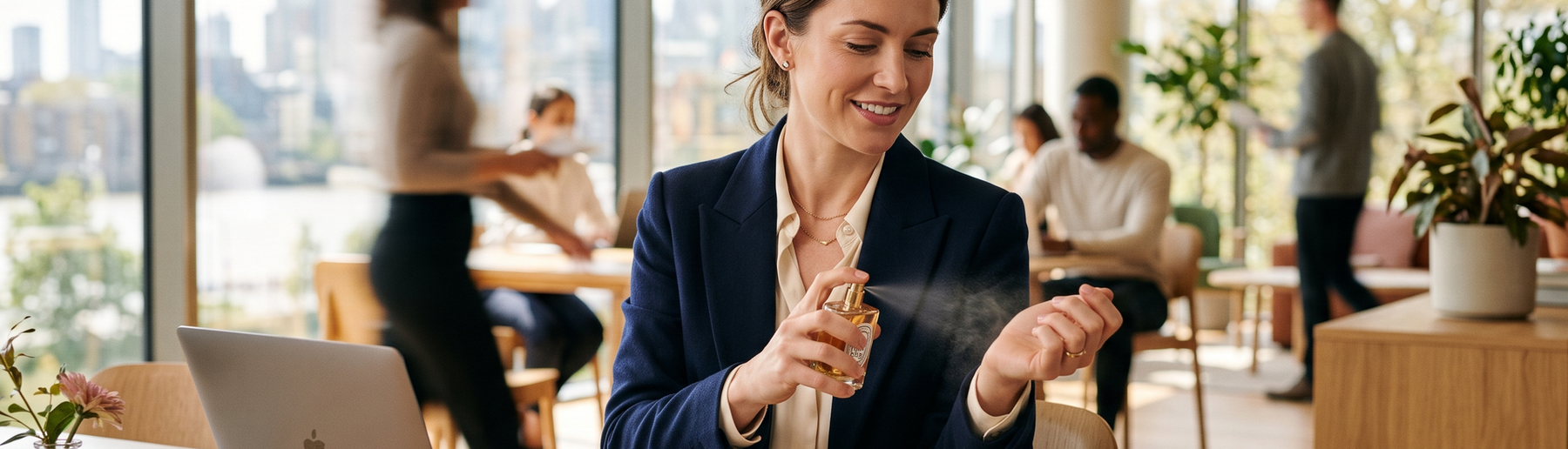 Professional woman spritzing perfume on her wrist in a bright modern office