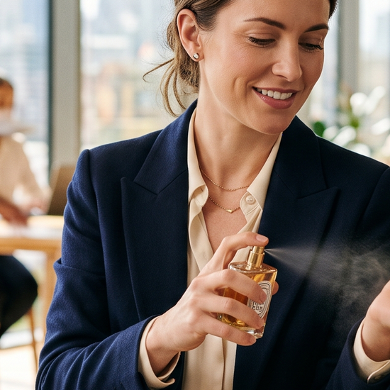 Professional woman spritzing perfume on her wrist in a bright modern office