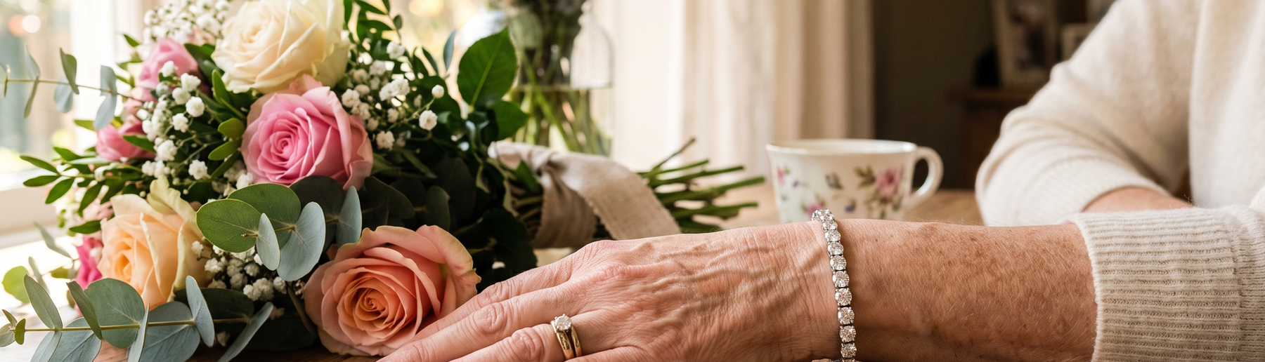 Woman's wrist wearing a lab-grown diamond tennis bracelet near a bouquet of flowers for Mother's Day