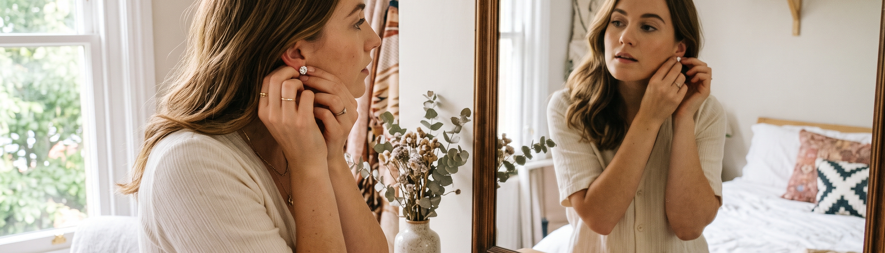 Woman putting on lab-grown diamond stud earrings while getting ready in a bright bedroom