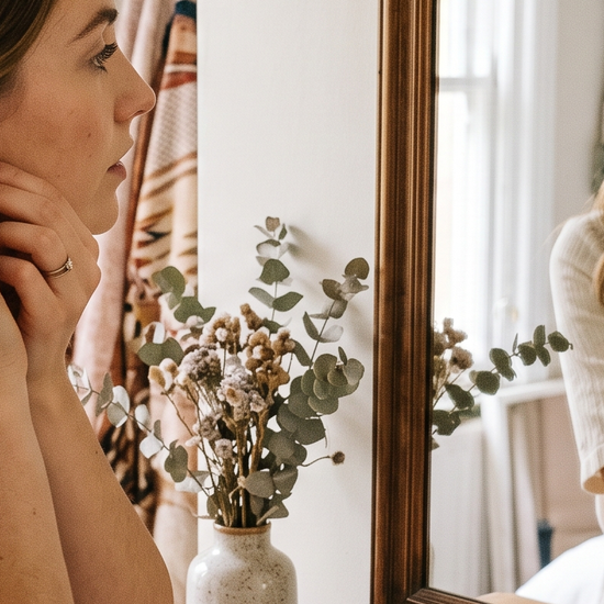Woman putting on lab-grown diamond stud earrings while getting ready in a bright bedroom
