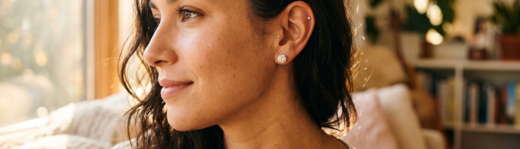 Young woman wearing sparkling lab-grown diamond stud earrings in golden hour light