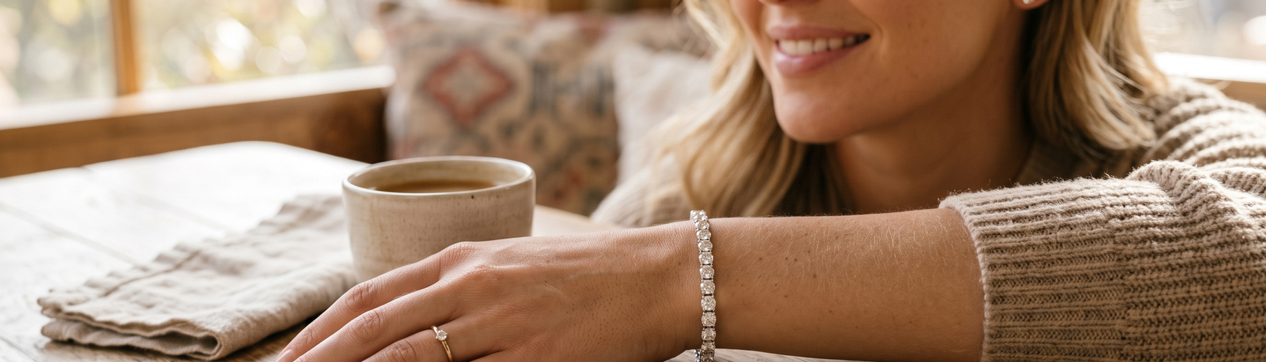 Woman's wrist wearing a lab-grown diamond tennis bracelet in natural light
