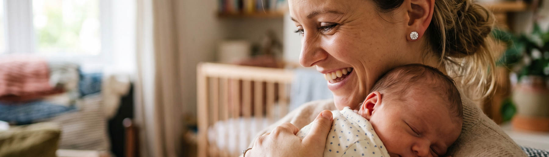 New mother holding her newborn baby, wearing a lab-grown diamond stud earring