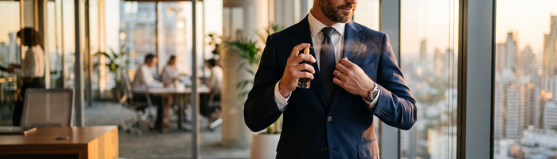 Confident professional man in a suit holding a bottle of luxury cologne in an office