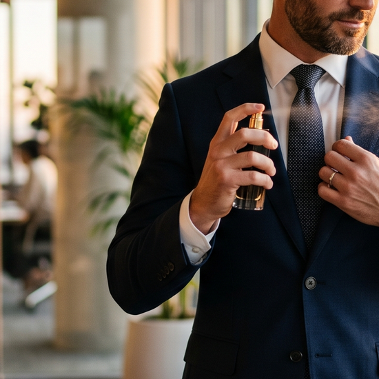 Confident professional man in a suit holding a bottle of luxury cologne in an office