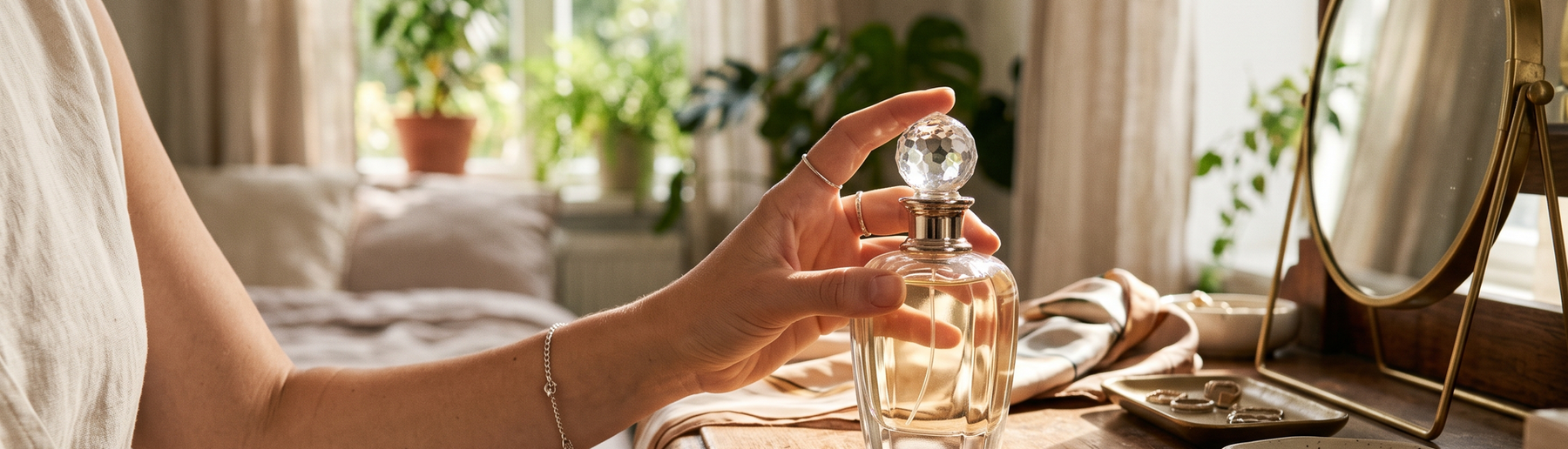 Hand holding a luxury perfume bottle on a sunlit vanity table