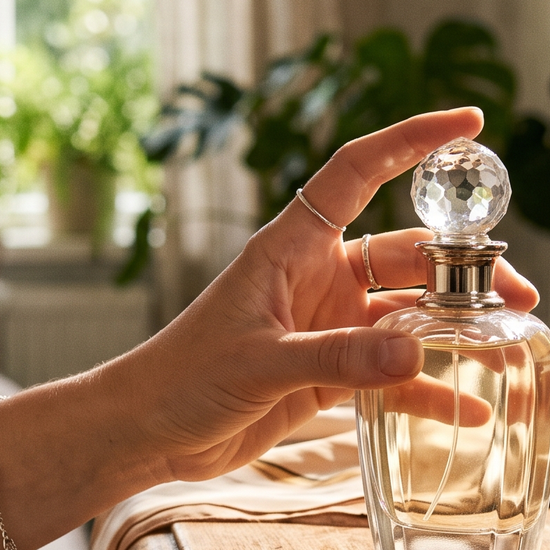 Hand holding a luxury perfume bottle on a sunlit vanity table