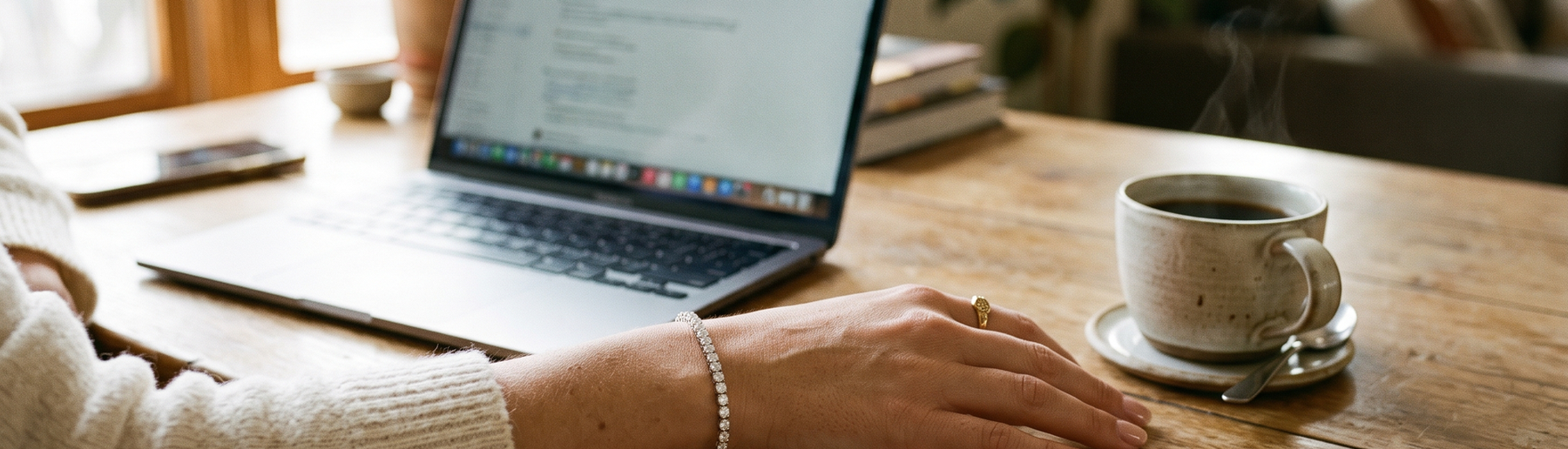 Woman's wrist wearing a lab-grown diamond tennis bracelet at a desk in natural light