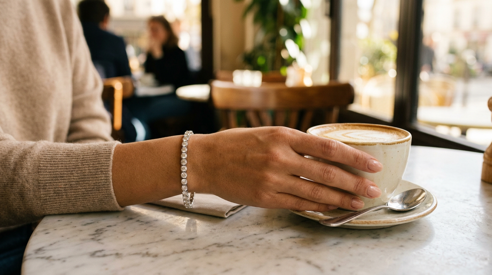 Woman wearing a lab-grown diamond tennis bracelet at a cafe table in natural light