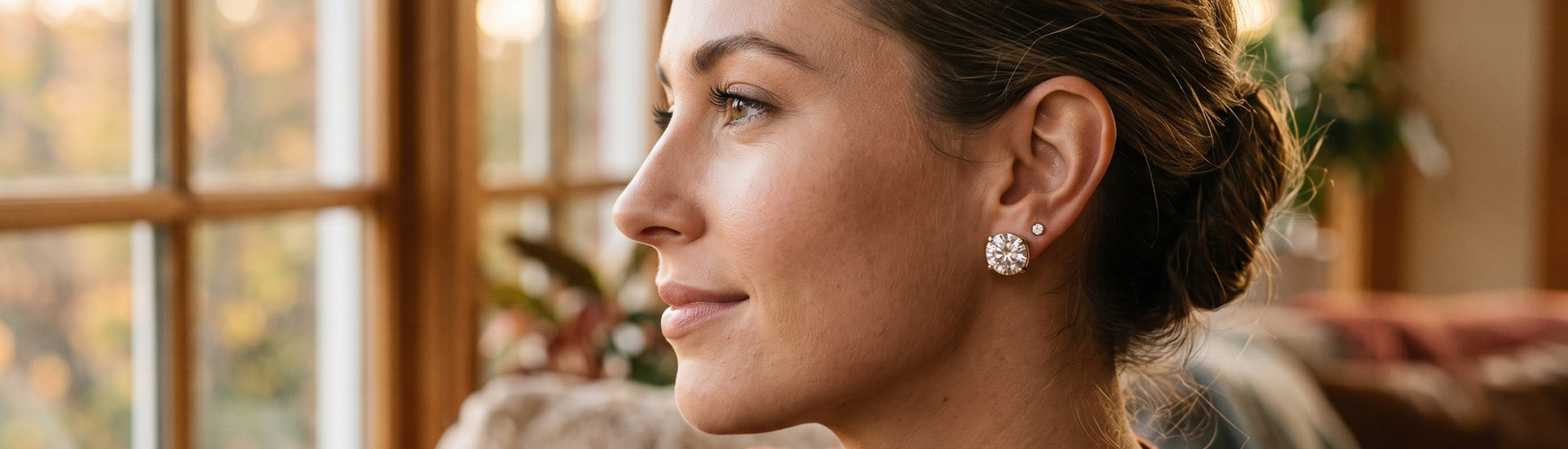 Woman wearing sparkling diamond stud earrings in golden hour light