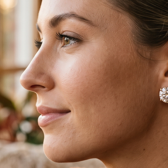 Woman wearing sparkling diamond stud earrings in golden hour light