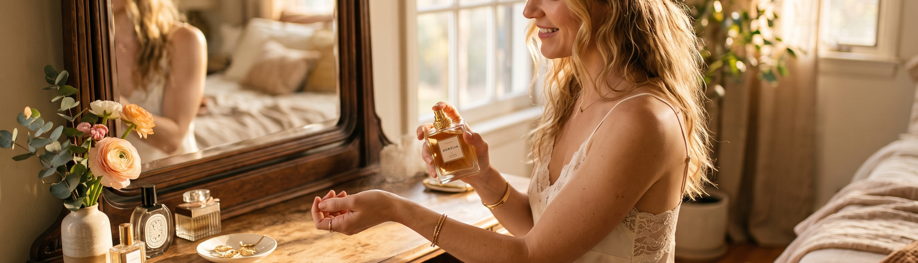 Woman applying luxury perfume at a sunlit vanity