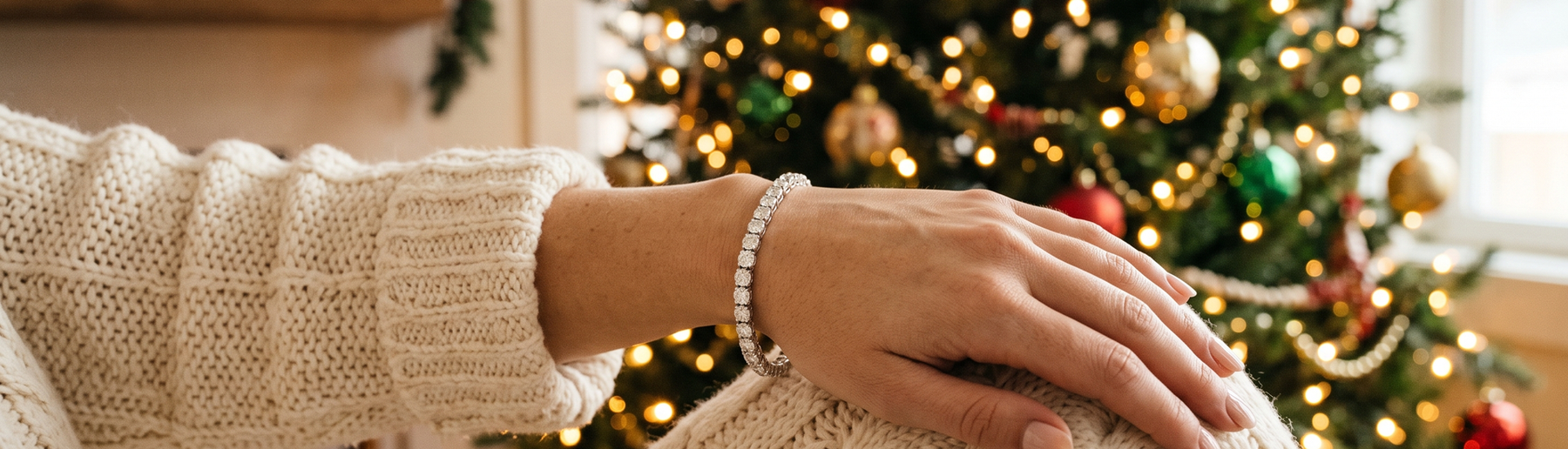 Woman's hand wearing a lab-grown diamond tennis bracelet near a Christmas tree