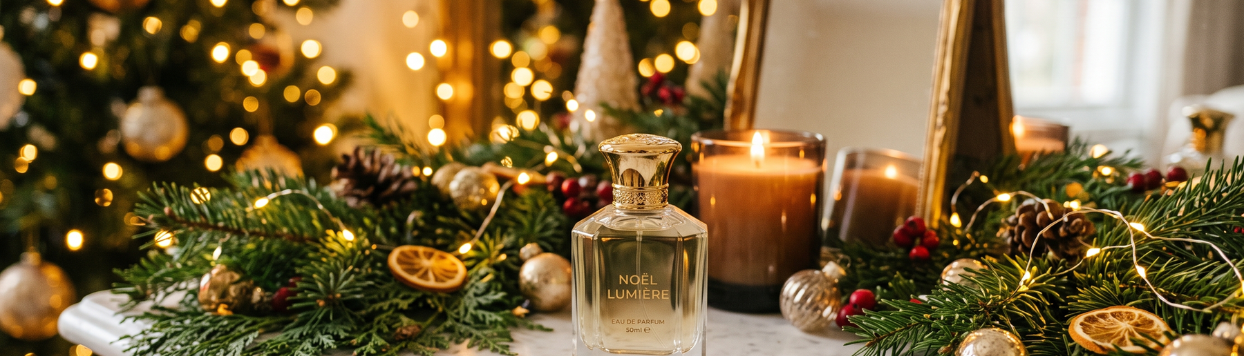 Luxury perfume bottle on a holiday-decorated vanity
