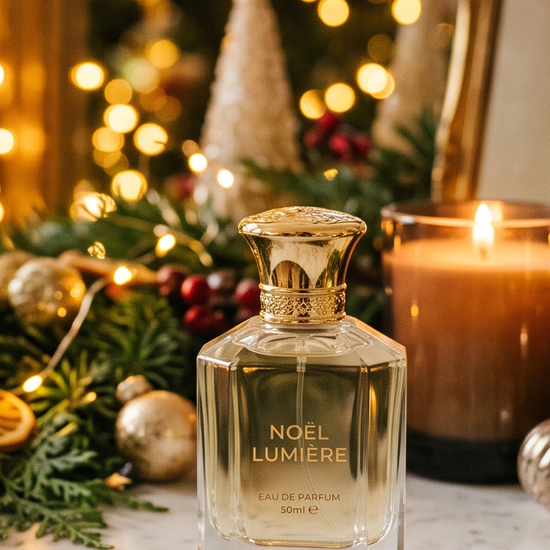 Luxury perfume bottle on a holiday-decorated vanity