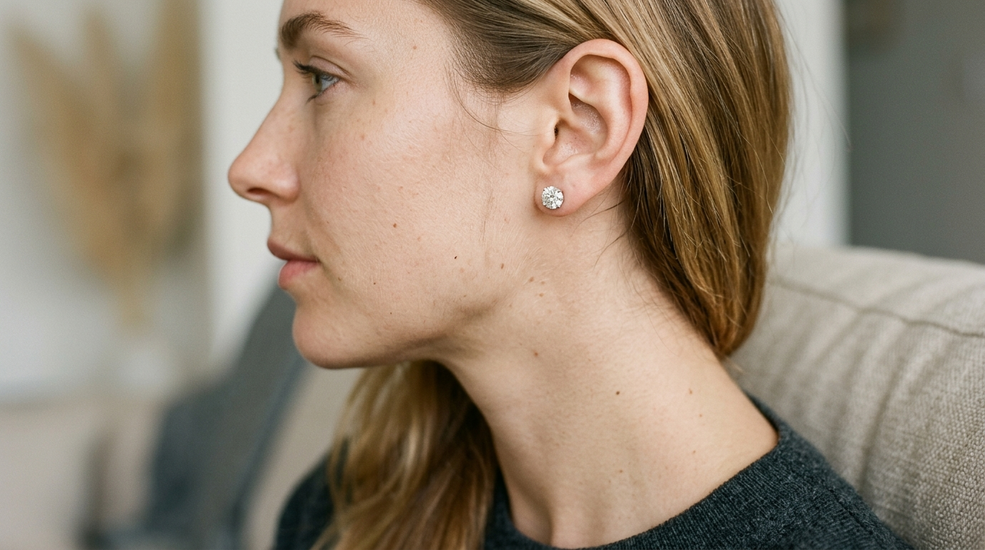 Woman wearing lab-grown diamond stud earrings in natural light