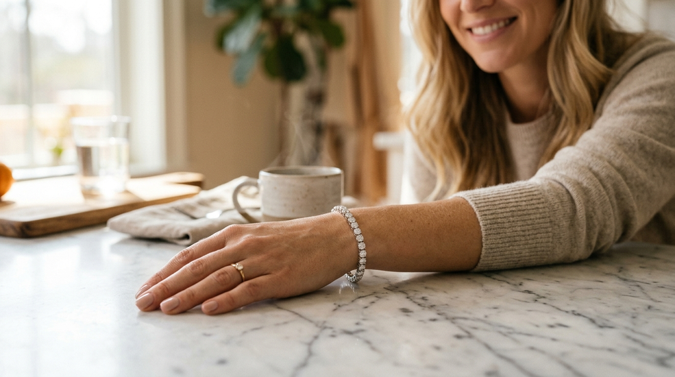 Woman wearing a lab-grown diamond tennis bracelet in natural light