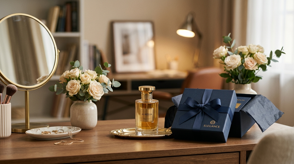 Luxury perfume bottle styled as a corporate gift