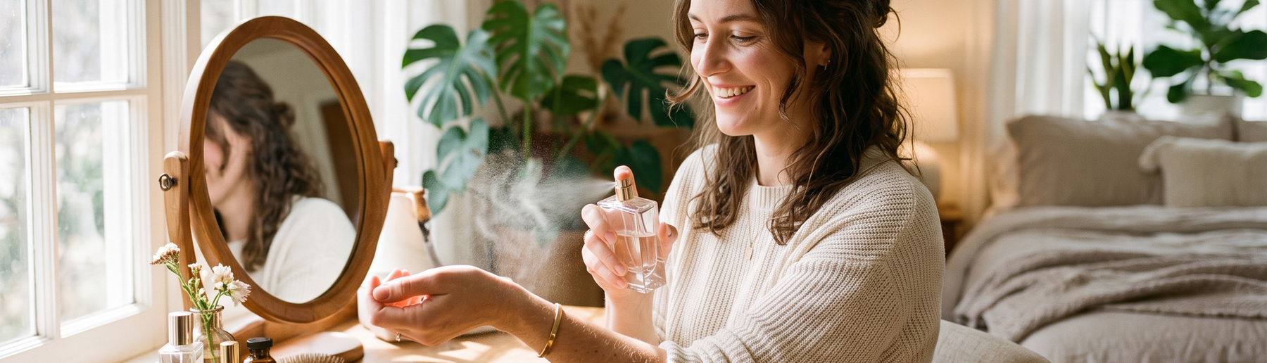 Woman spritzing luxury perfume onto her wrist at a sunlit vanity