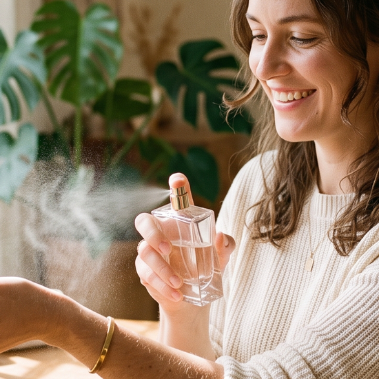 Woman spritzing luxury perfume onto her wrist at a sunlit vanity
