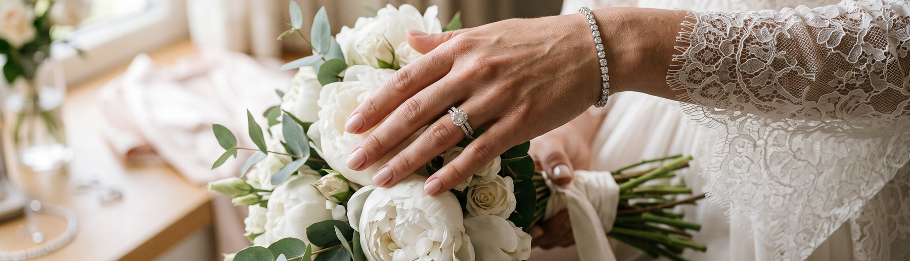 Bride's hand wearing a lab-grown diamond tennis bracelet while holding a bouquet