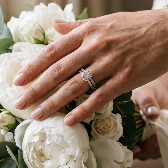 Bride's hand wearing a lab-grown diamond tennis bracelet while holding a bouquet