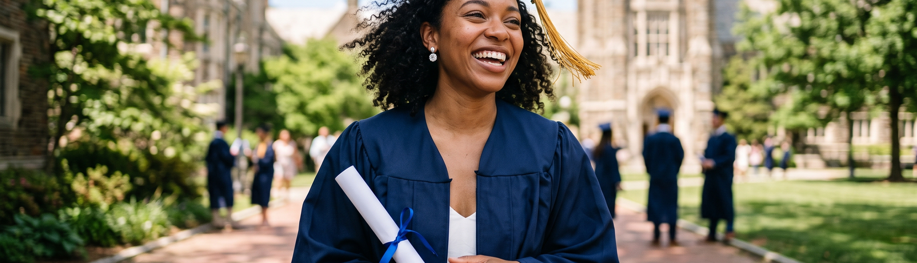 Young woman in graduation cap and gown wearing diamond stud earrings
