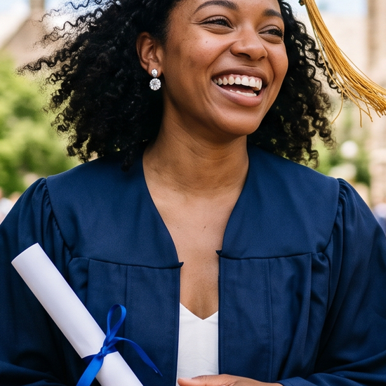 Young woman in graduation cap and gown wearing diamond stud earrings