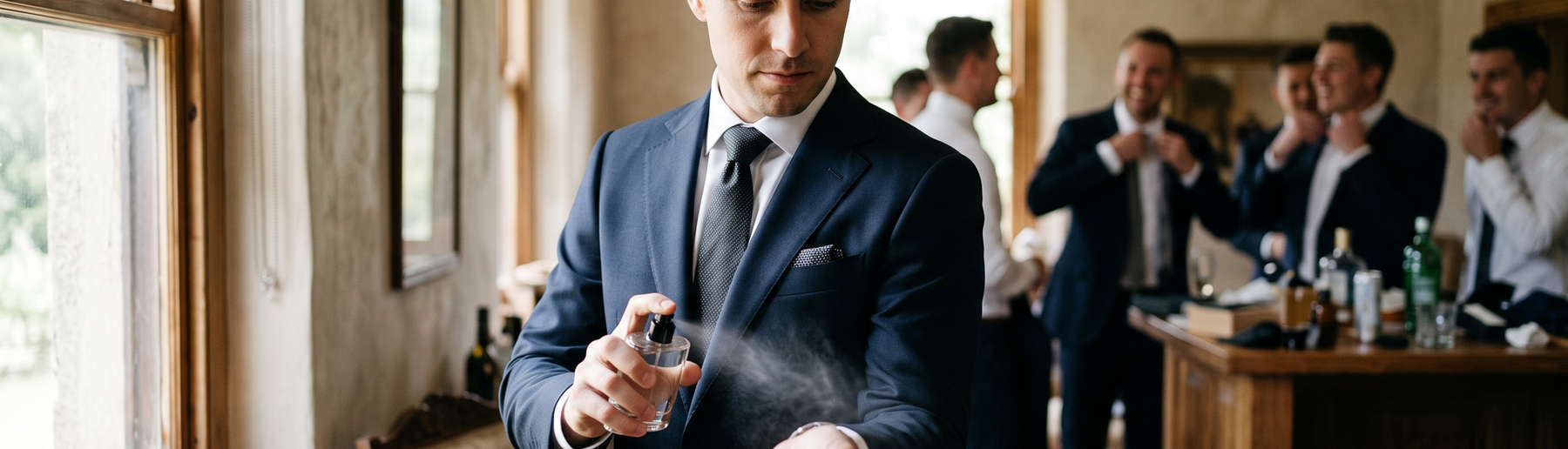Groom spraying luxury cologne on his wrist before the wedding, groomsmen gift