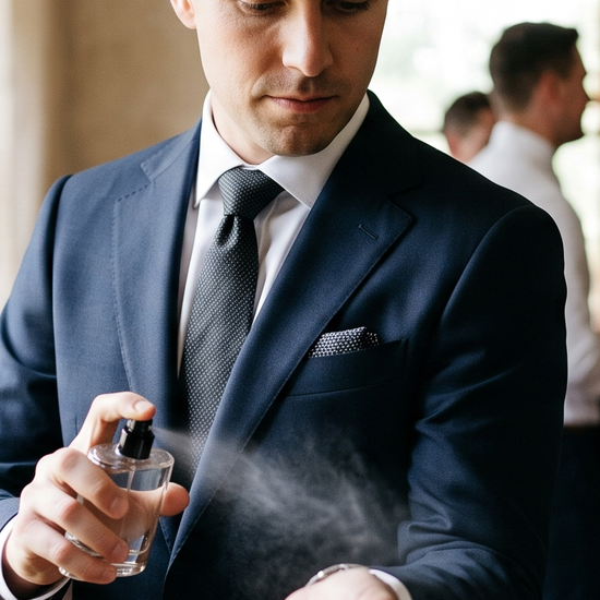 Groom spraying luxury cologne on his wrist before the wedding, groomsmen gift