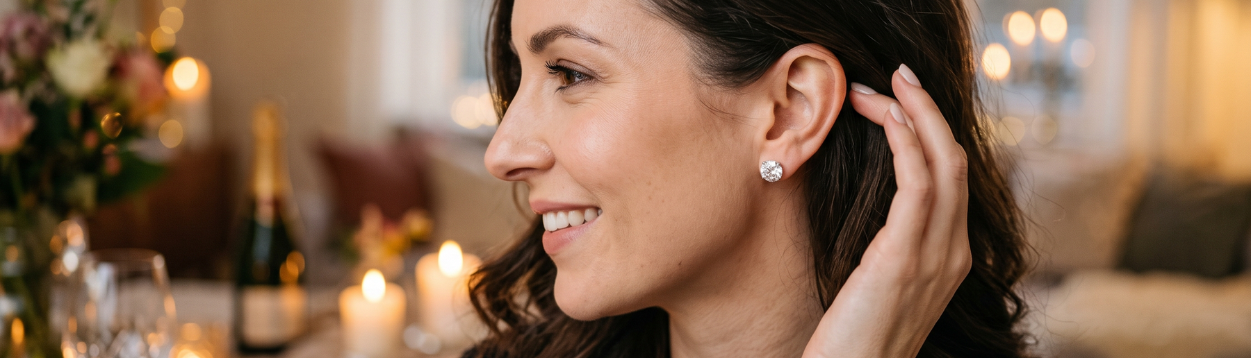 Woman tucking her hair back to reveal a sparkling lab-grown diamond stud earring, anniversary gift