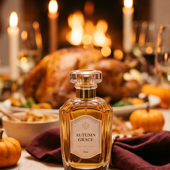 Elegant perfume bottle on a Thanksgiving dinner table with autumn leaves and candles
