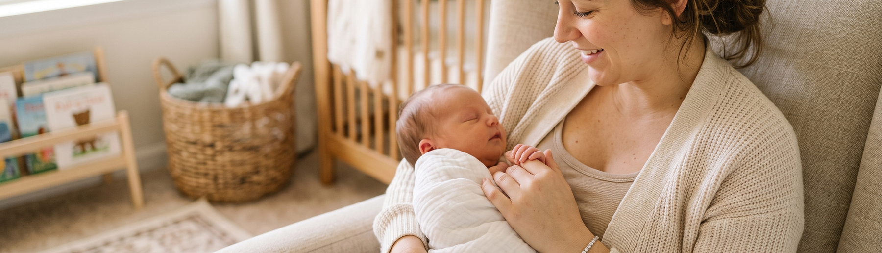 New mother wearing a lab-grown diamond tennis bracelet while holding her newborn's hand
