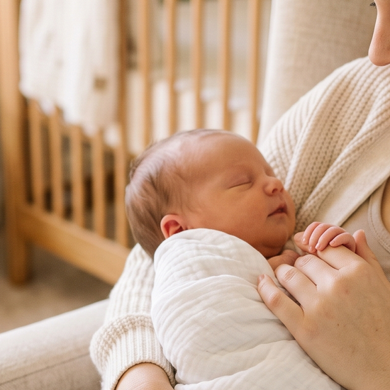 New mother wearing a lab-grown diamond tennis bracelet while holding her newborn's hand