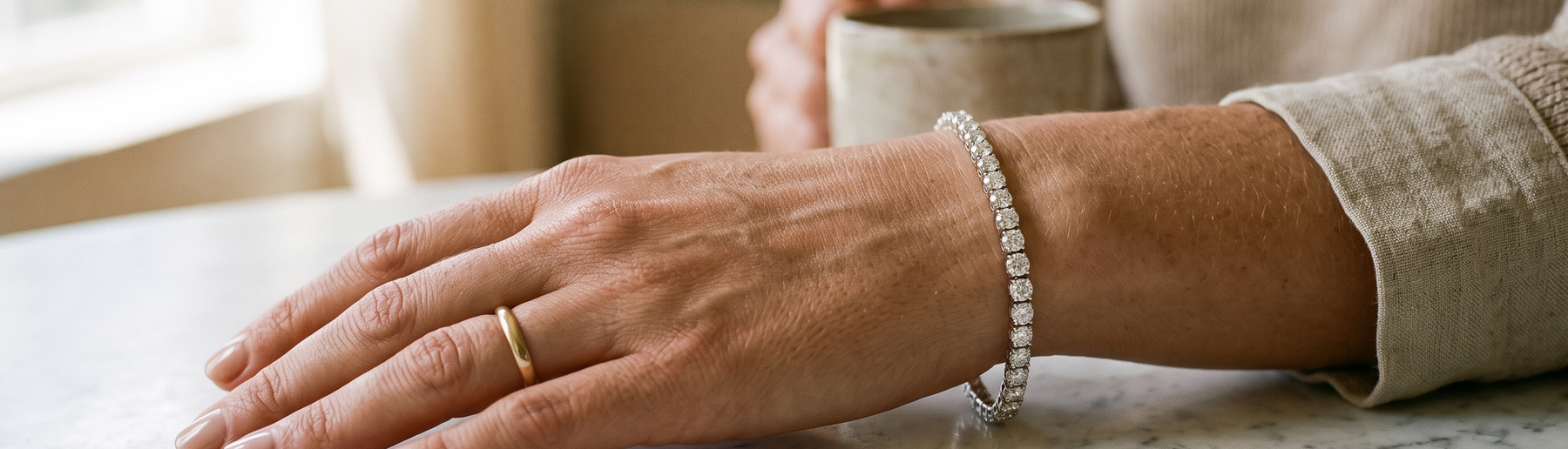 Woman's wrist wearing a lab-grown diamond tennis bracelet in natural light