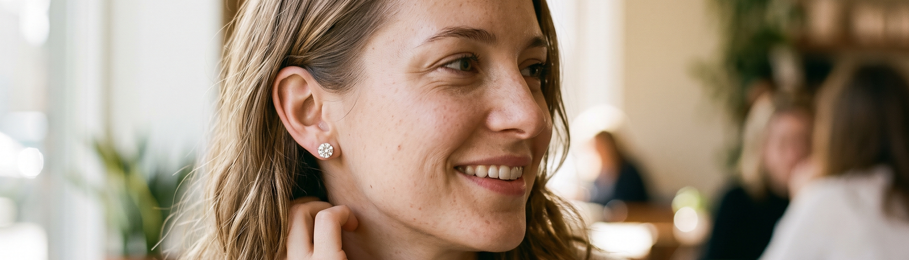 Woman wearing lab-grown diamond stud earrings in natural light