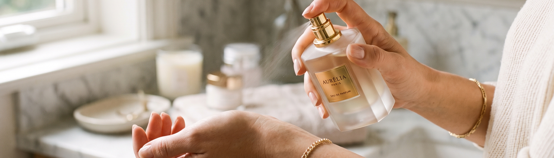 Applying luxury perfume from an elegant bottle, engagement party gift