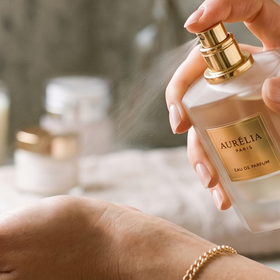 Applying luxury perfume from an elegant bottle, engagement party gift