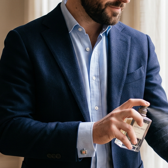 Man applying luxury cologne before the office, a Boss's Day fragrance gift