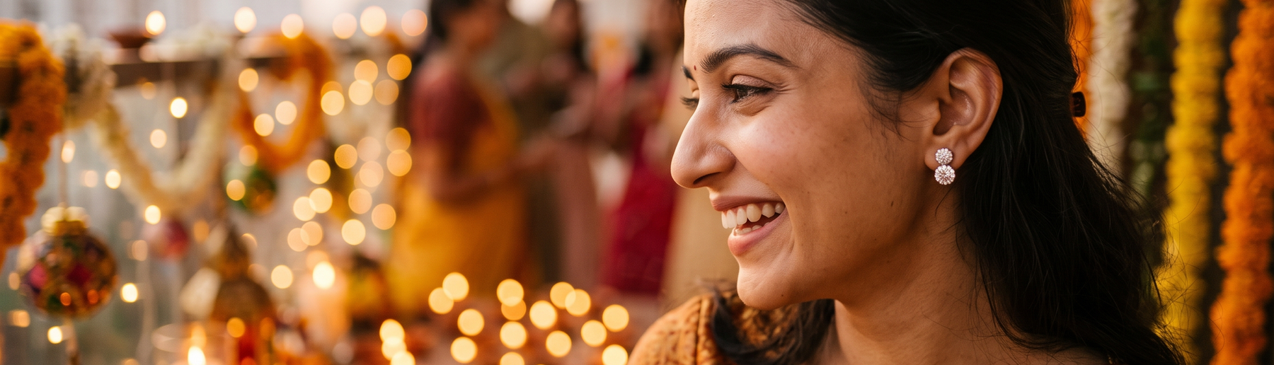 Woman wearing lab-grown diamond stud earrings in warm Diwali lighting