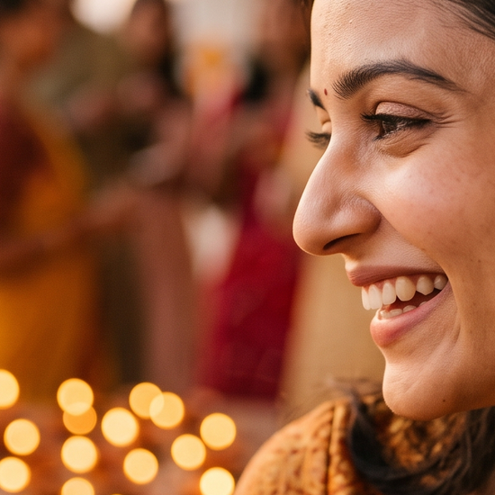 Woman wearing lab-grown diamond stud earrings in warm Diwali lighting