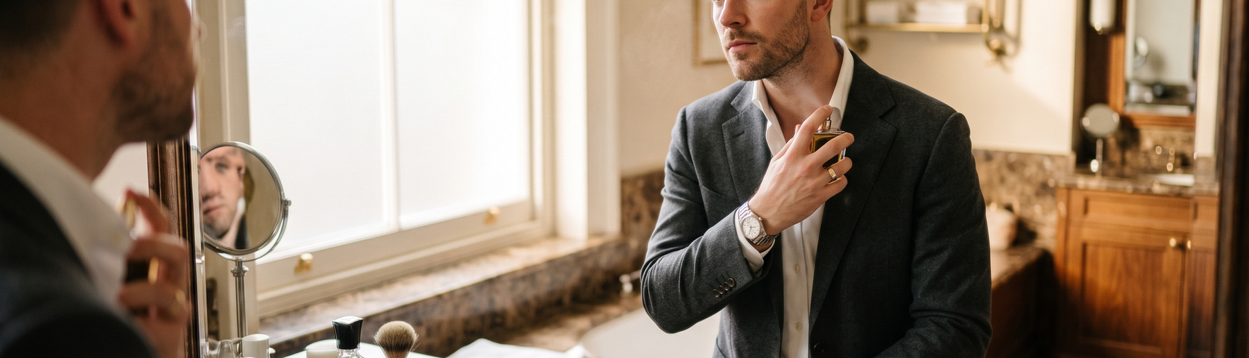 Man applying luxury perfume in front of a mirror in soft morning light